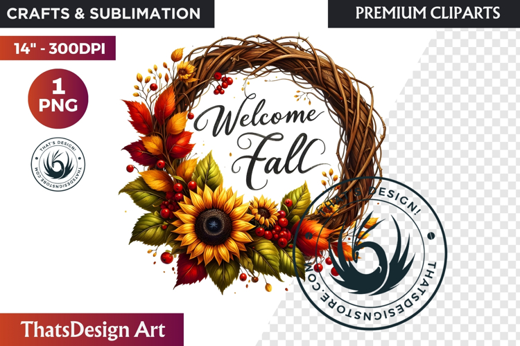 Sunflower Autumn Wreath - Rustic Farmhouse Harvest PNG