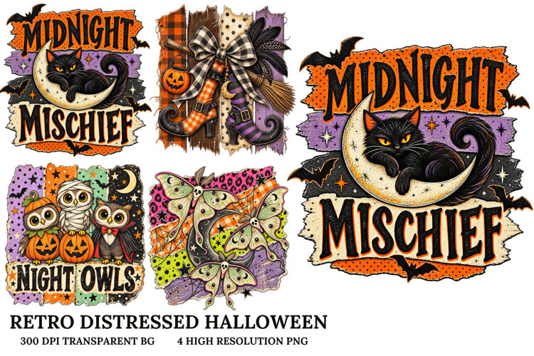 Vintage Distressed Halloween Black Cat Owl Witch PNG example image 1