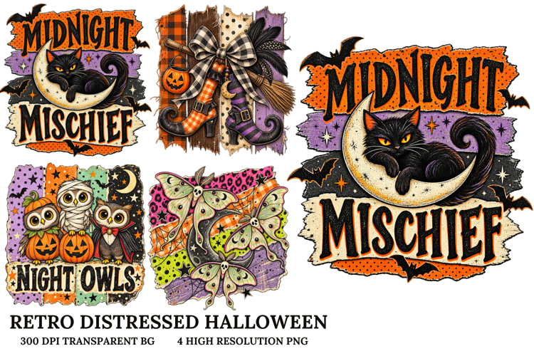 Vintage Distressed Halloween Black Cat Owl Witch PNG