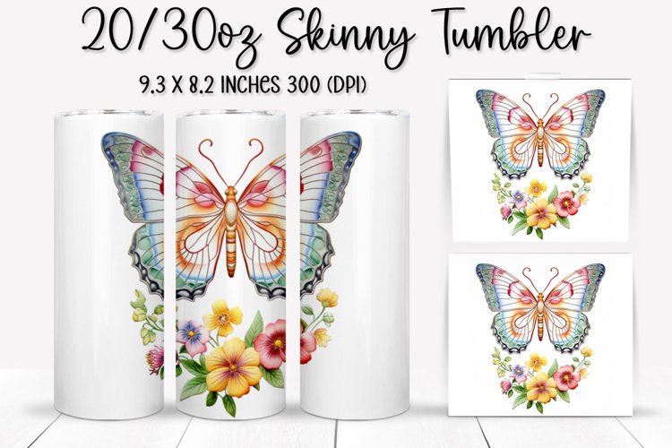 Rainbow Butterfly and Flowers - Tumbler Sublimation Design