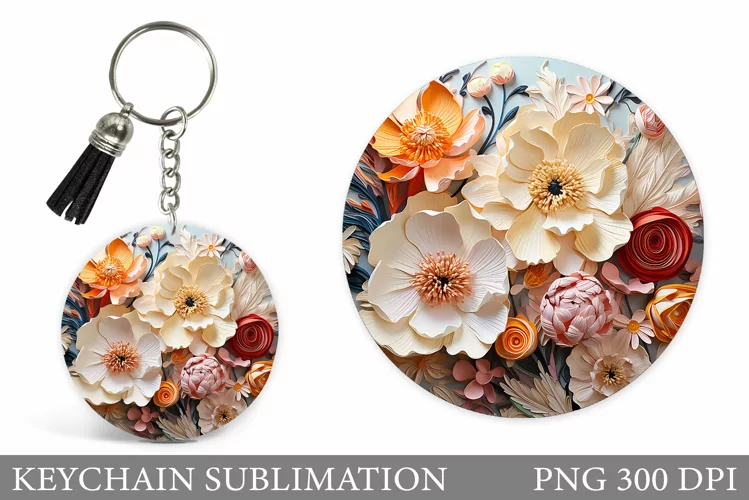 3D Flowers Keychain Design. Floral Keychain Sublimation