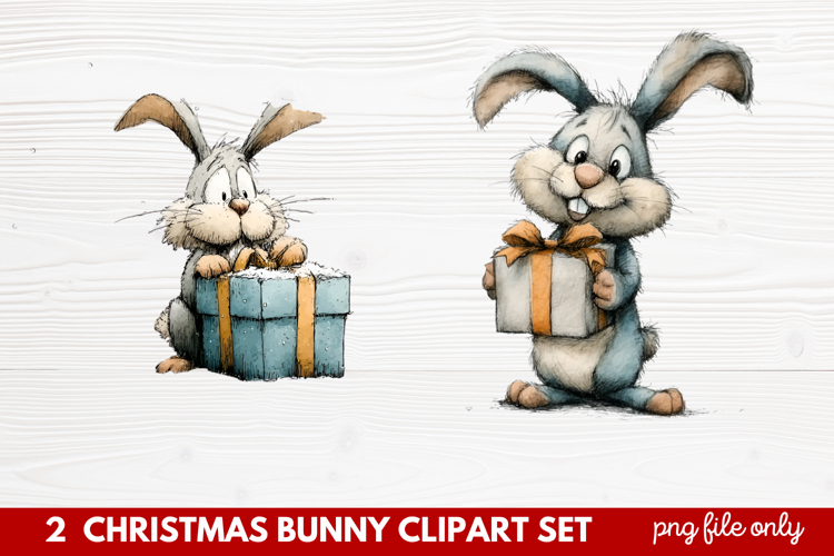 2 Christmas Bunny Clipart Set | Cute Holiday Bunny PNG Illus
