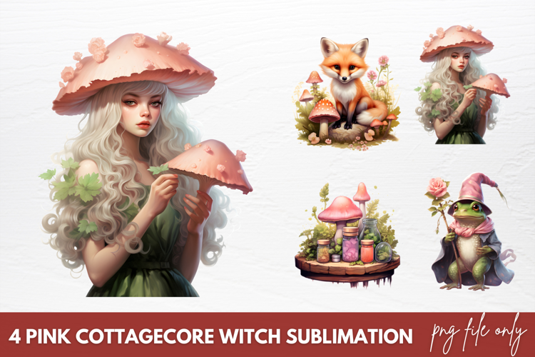 Watercolor Pink Cottagecore Witch Sublimation Clipart