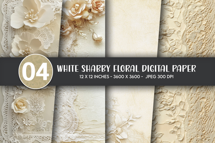 White shabby floral digital paper