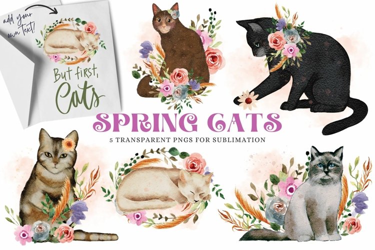 Spring Cat Clipart Watercolor Floral Sublimation Set example image 1