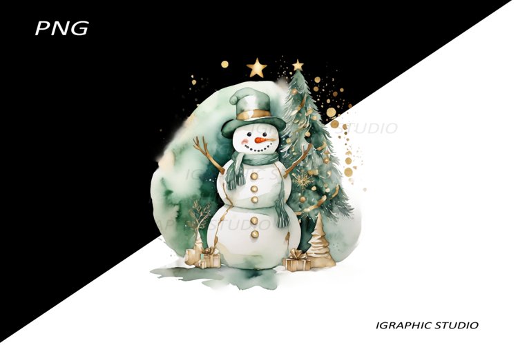 Green Snowman Clipart, Gold and Emerald Chistmas Clipart