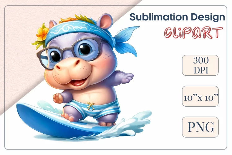 Cute Cartoon Baby Hippo Surfer | Sublimation Design| Clipart