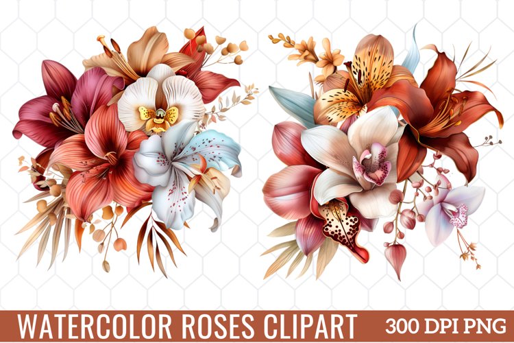 Watercolor Roses Clipart Bouquets, Watercolor Clipart