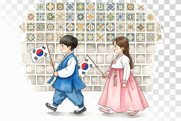 Cute Hanbok Kids Taegeukgi Stone Path Walk PNG KOREA Flag