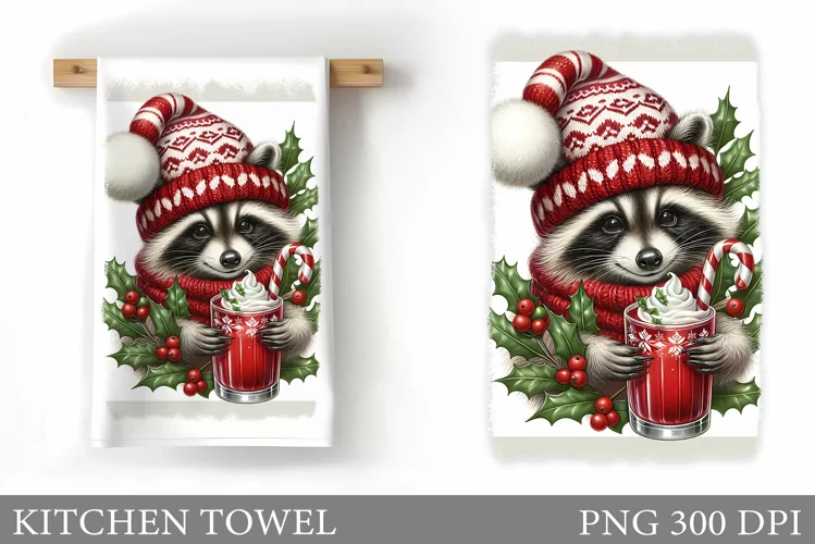 Raccoon Kitchen Towel. Christmas Raccoon Kitchen Towel