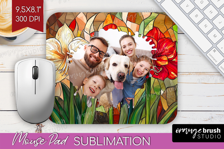 Stained Glass Photo Mouse Pad PNG - Flowers Picture Frame