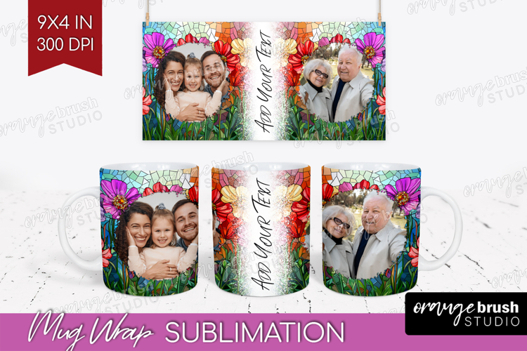 Stained Glass Photo Mug Wrap PNG - Flowers Picture Frame Mug