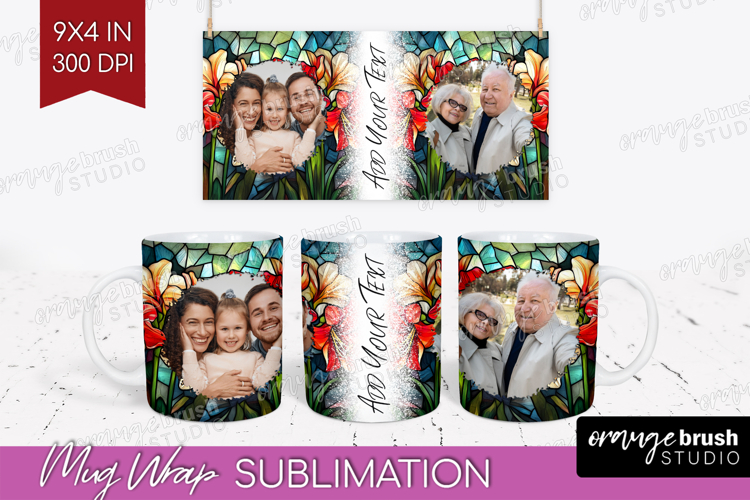 Stained Glass Photo Mug Wrap PNG - Flowers Picture Frame Mug
