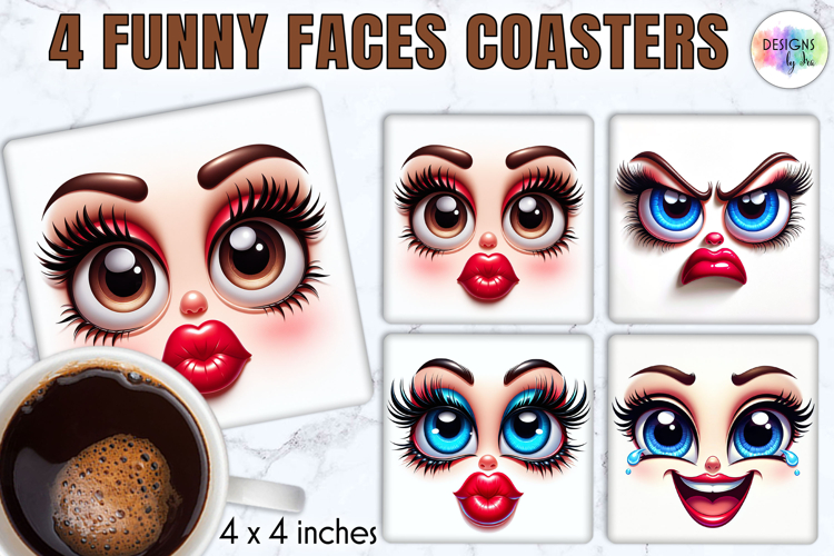 Funny Faces Coasters, Cute Emoji Face Sublimation Designs