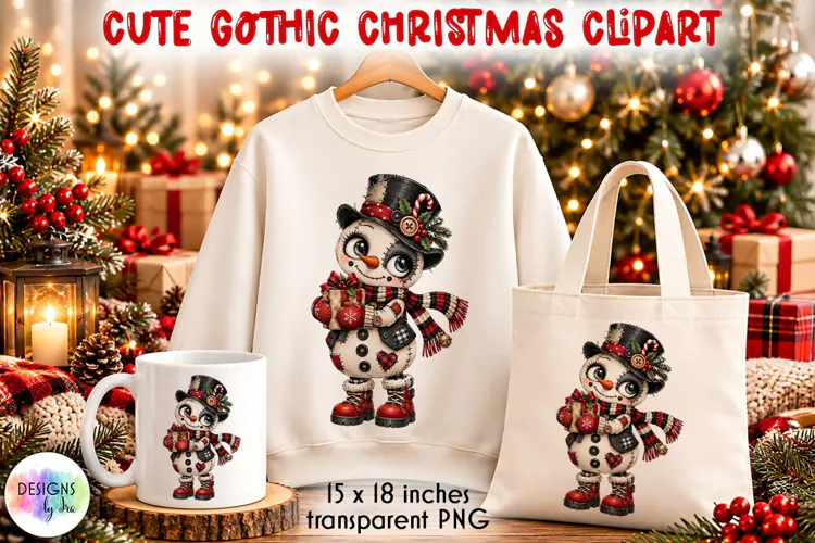 Gothic Christmas Snowman with Present, Christmas Clipart