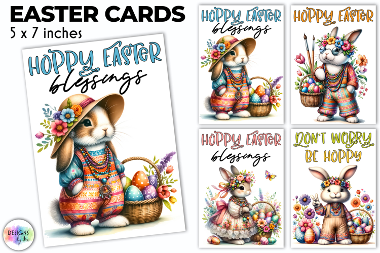 Easter Bunny Greeting Cards Cute Boho Printable, Hippie PNG
