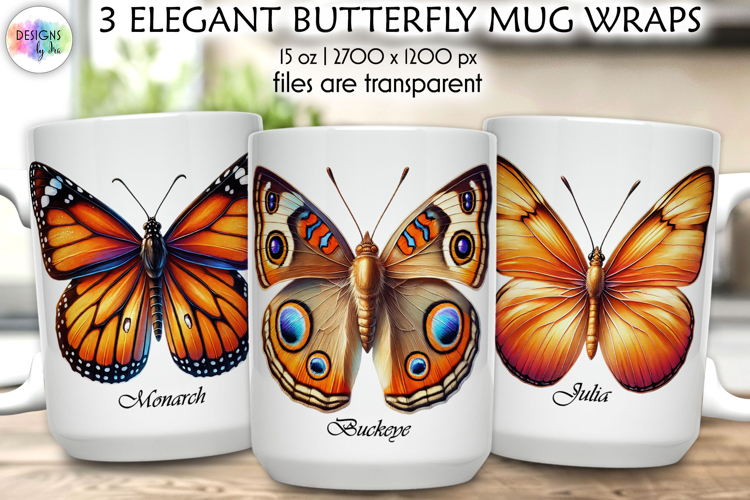 Elegant Butterfly Mug Wrap Sublimation, Botanical Butterfly