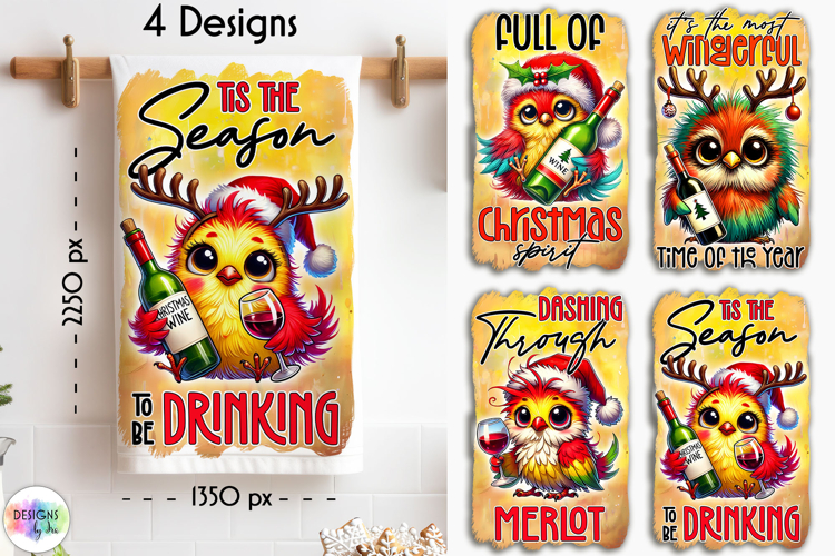 Funny Christmas Kitchen Towel, Christmas Bird, Wine Lover