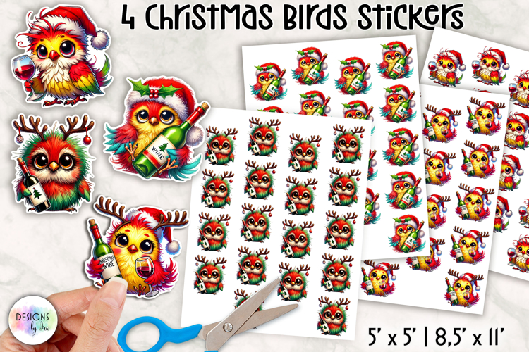 Funny Christmas Birds Stickers, Wine Lover Christmas Sticker