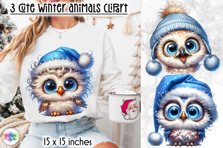 Cute Winter Animals in Blue Hat Clipart, Funny Baby Owl PNG
