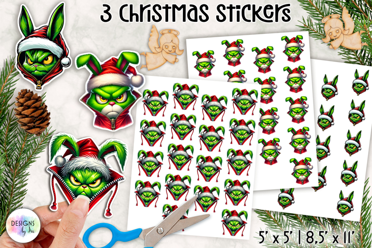 Christmas Grumpy Stickers, Funny Green Character Holiday