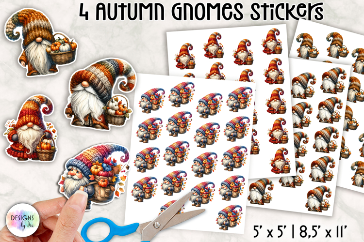 Autumn Gnome Stickers, Cute Fall Harvest Pumpkin and Leaves