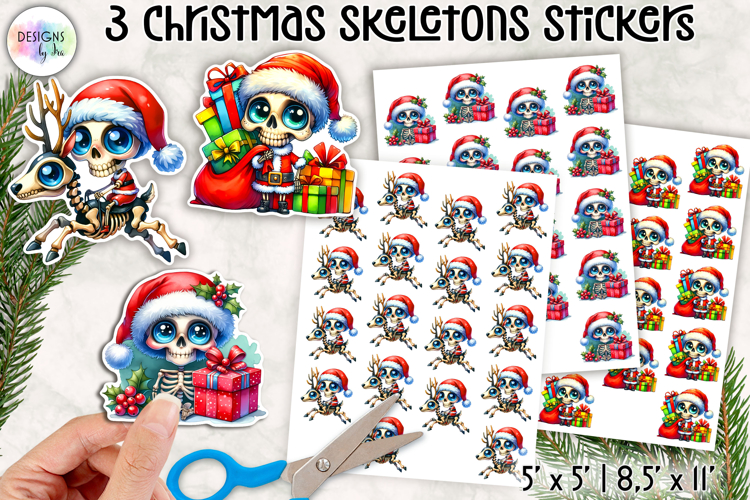Cute Christmas Skeleton Stickers, Funny Santa Skull Stickers