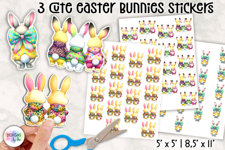 Cute Easter Bunny Stickers, Colorful Bow Bunnies