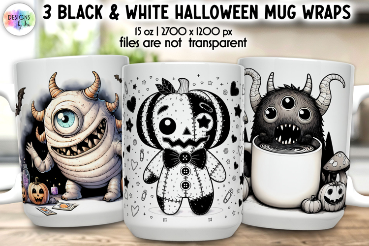 Black and White Halloween Mug Wraps, Cute Spooky Mug Design