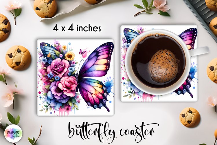 Floral Butterfly Coaster | Watercolour Butterfly Coaster PNG example image 1