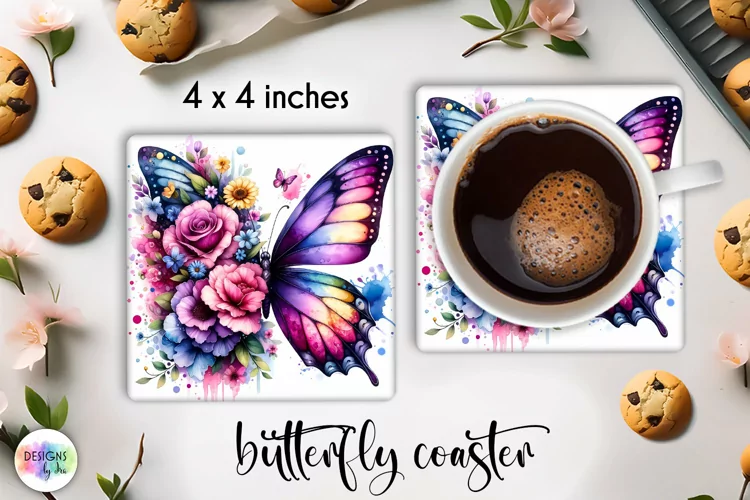 Floral Butterfly Coaster | Watercolour Butterfly Coaster PNG