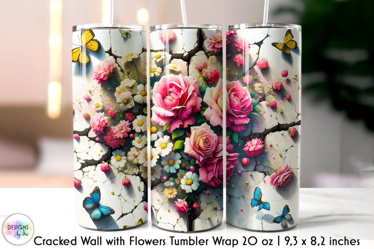 3D Cracked Wall Flowers Tumbler Wrap, Floral Tumbler Design