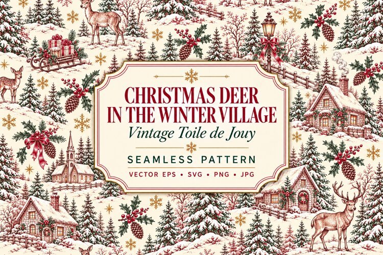 Vintage Christmas Deer Village Toile