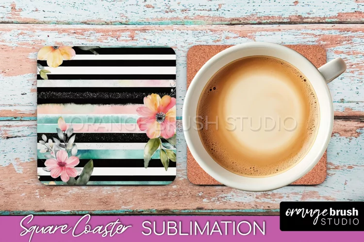 Watercolor Flowers Square Coaster - Floral Pink Sublimation
