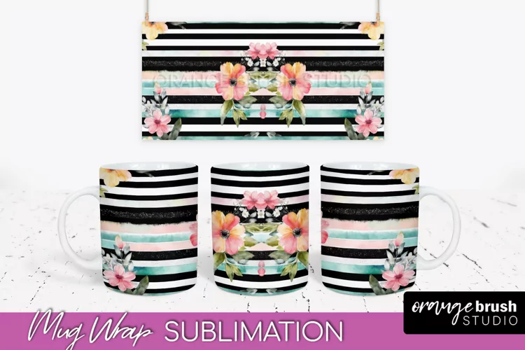 Pink Watercolor Flowers Mug Wrap - Floral Mug Sublimation
