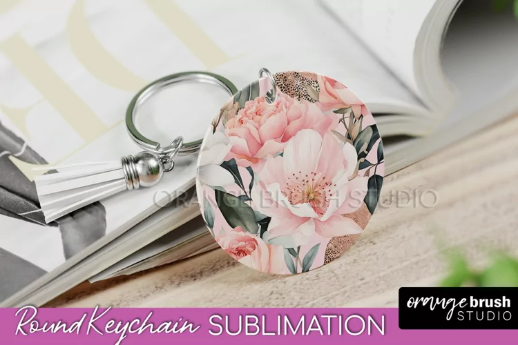 Pink Flowers Keychain, Floral Keychain Sublimation Design