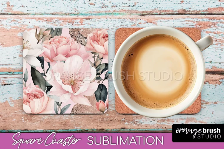 Watercolor Flowers Square Coaster - Floral Pink Sublimation