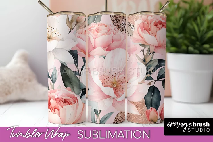 Floral Tumbler Wrap - Pink Flowers Watercolor Tumbler PNG