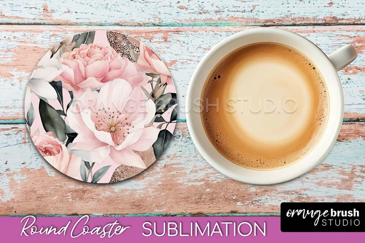Watercolor Flowers Round Coaster - Floral Pink Sublimation