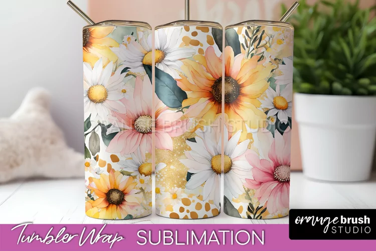 Floral Tumbler Wrap - Pink Flowers Watercolor Tumbler PNG