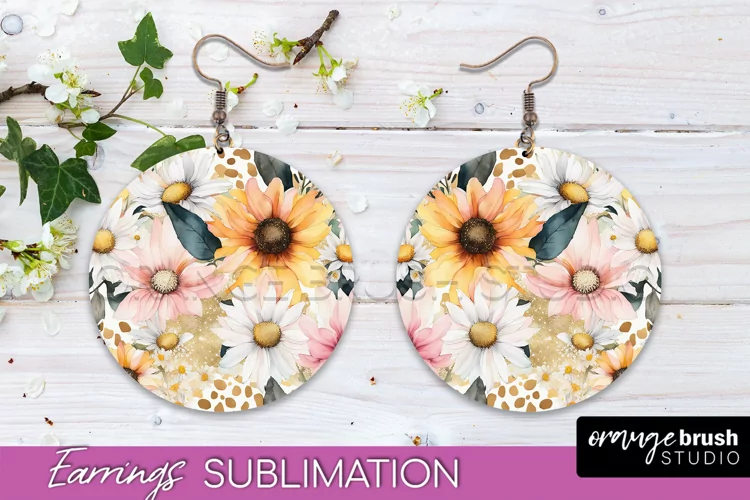 Watercolor Flowers Earrings, Pink Floral Earring Sublimation