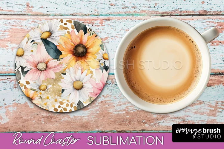 Watercolor Flowers Round Coaster - Floral Pink Sublimation
