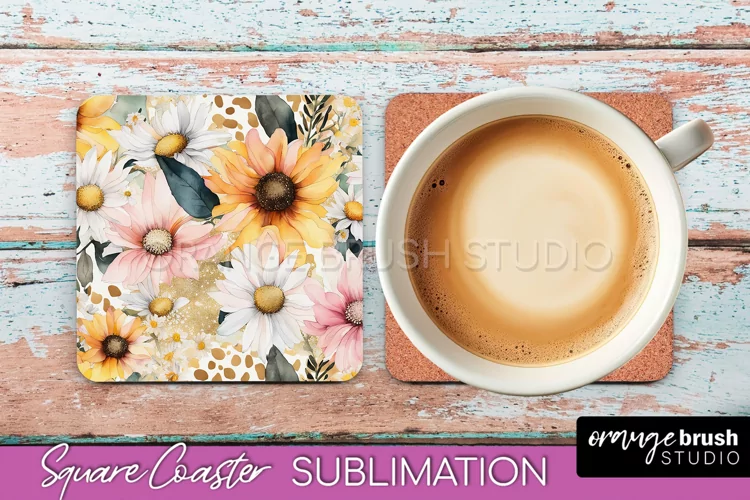 Watercolor Flowers Square Coaster - Floral Pink Sublimation