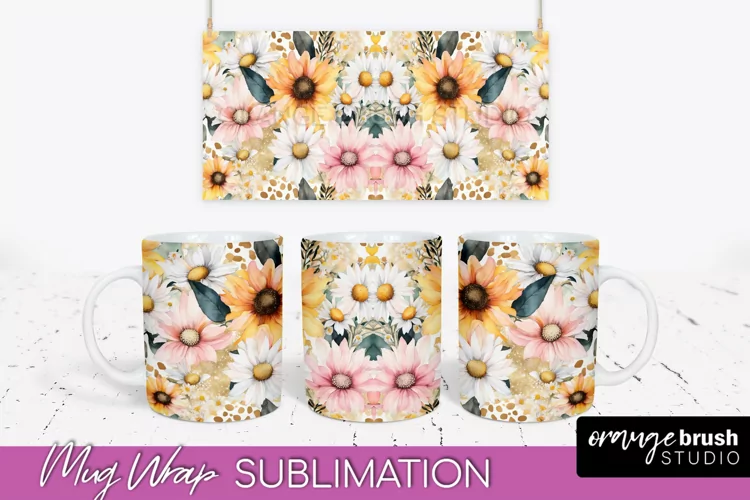 Pink Watercolor Flowers Mug Wrap - Floral Mug Sublimation