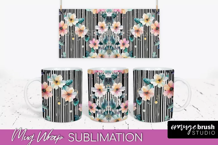 Pink Watercolor Flowers Mug Wrap - Floral Mug Sublimation