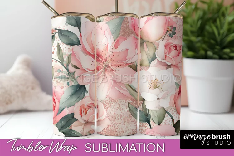 Floral Tumbler Wrap - Pink Flowers Watercolor Tumbler PNG