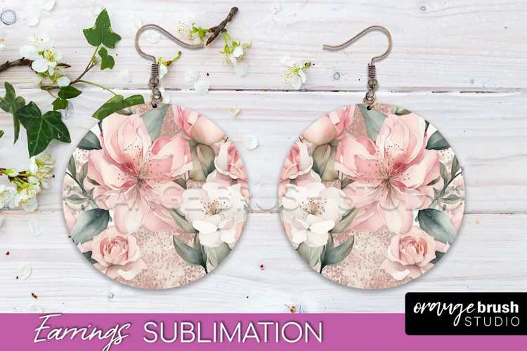 Watercolor Flowers Earrings, Pink Floral Earring Sublimation