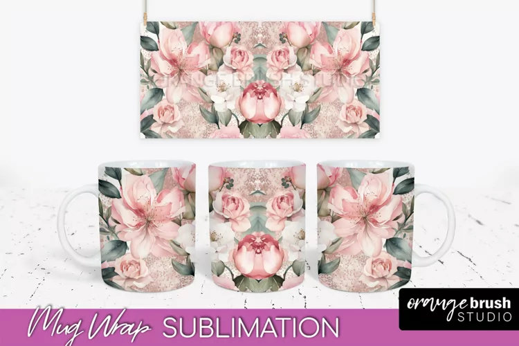 Pink Watercolor Flowers Mug Wrap - Floral Mug Sublimation