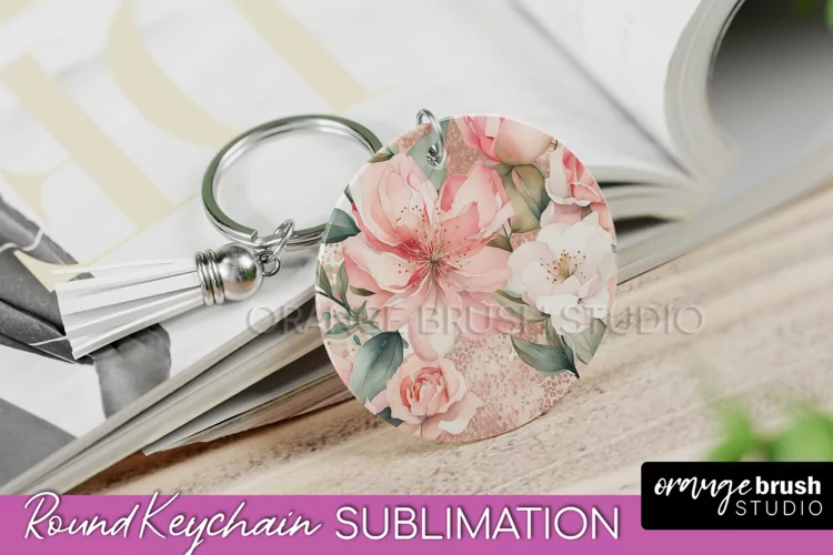 Pink Flowers Keychain, Floral Keychain Sublimation Design