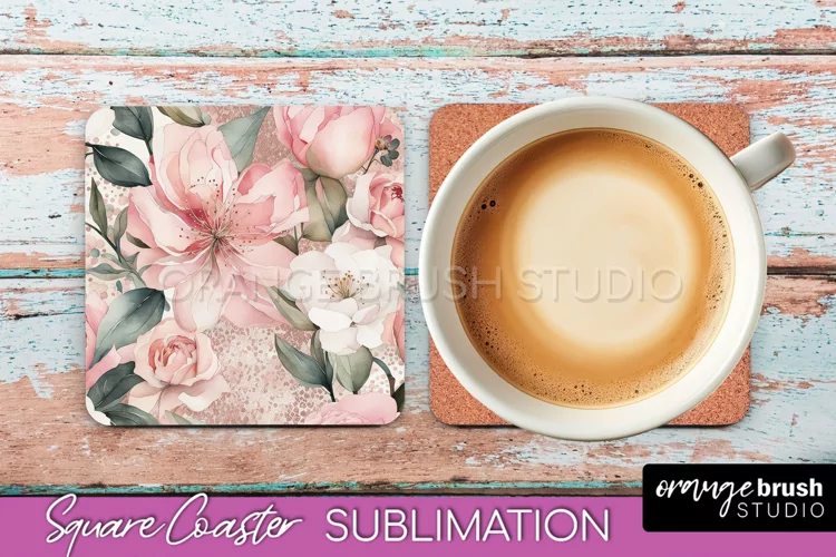 Watercolor Flowers Square Coaster - Floral Pink Sublimation
